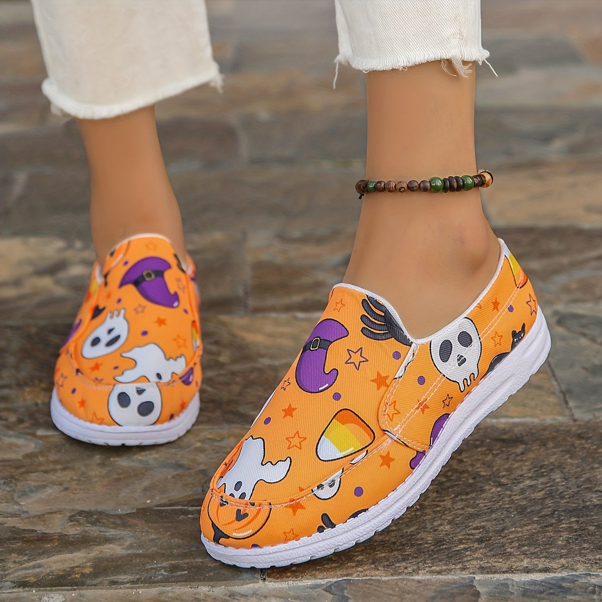 Women's Halloween Canvas Shoes Pumpkin Ghost Print Slip On Shoes