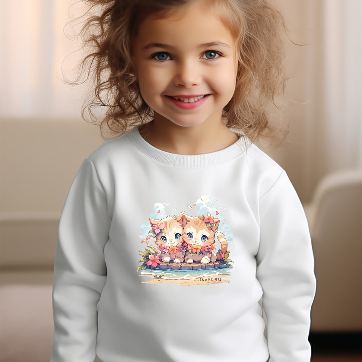 Girls Cats Pattern Crew Neck Sweatshirt Spring Fall Christmas Gift