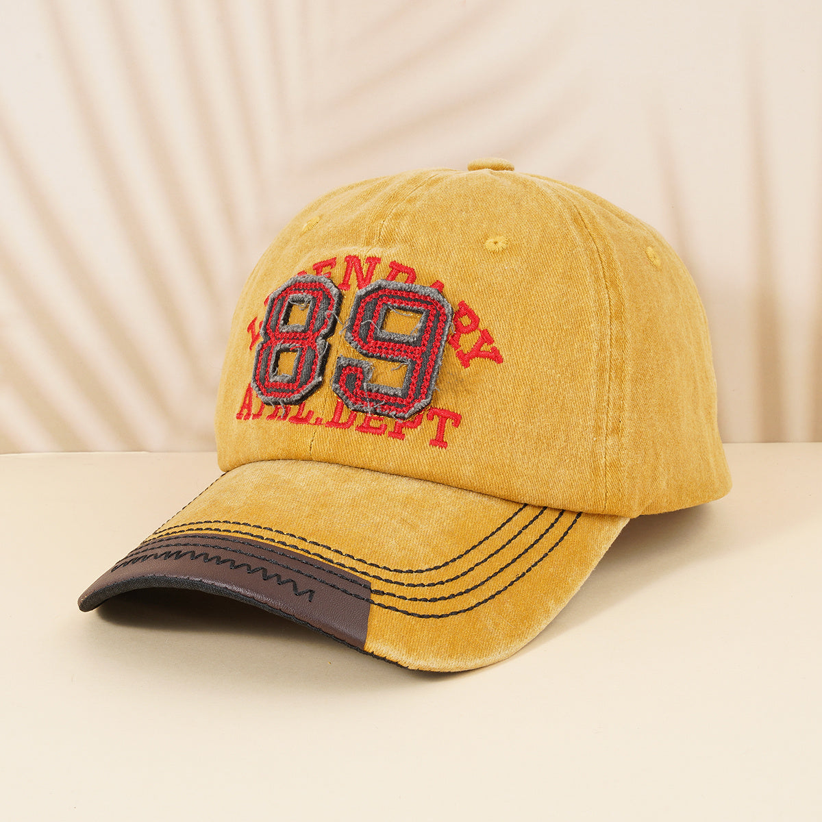 Distressed Baseball Cap with Leather Patch Embroidery