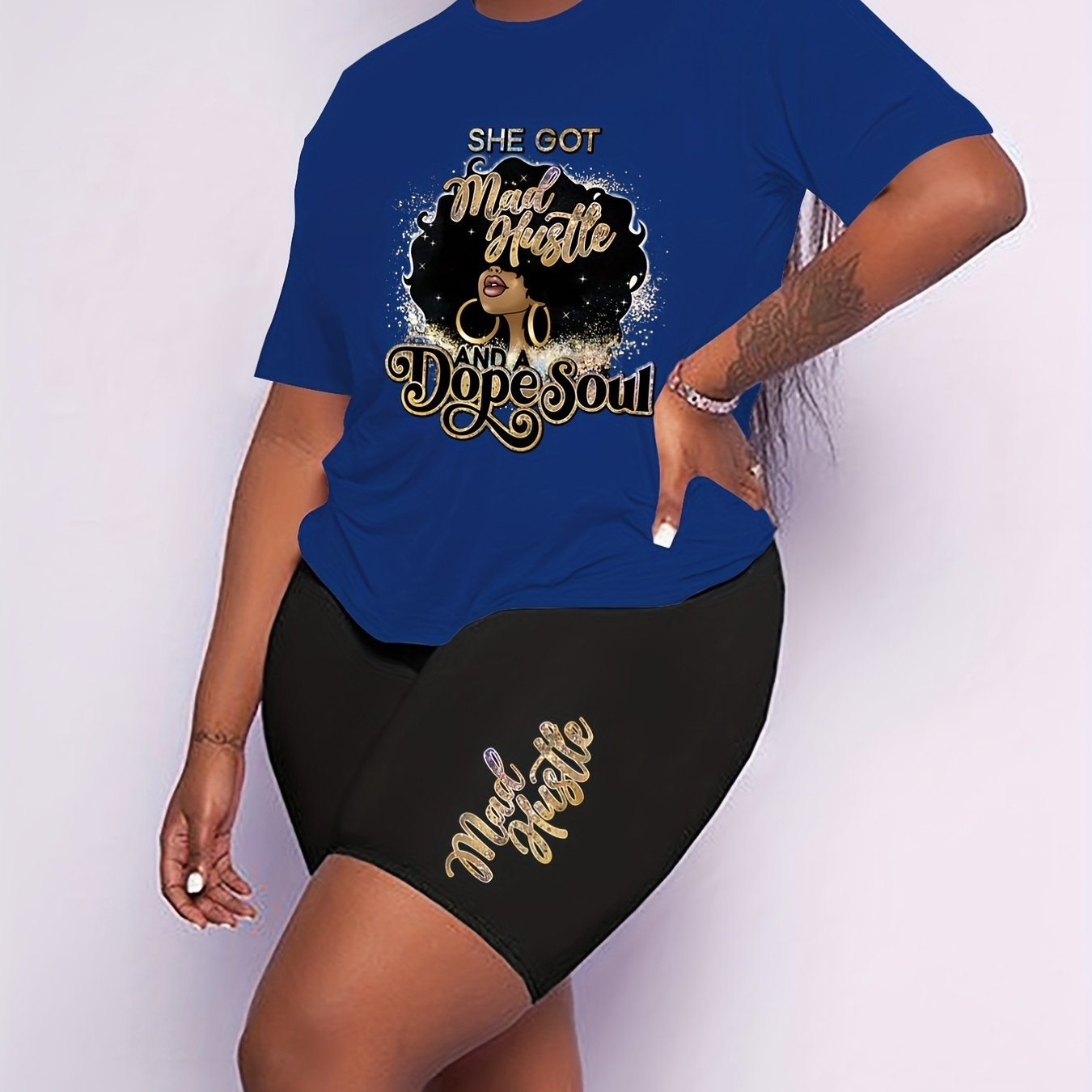  Slogan & Figure Print Short Sleeve Top & Shorts Set