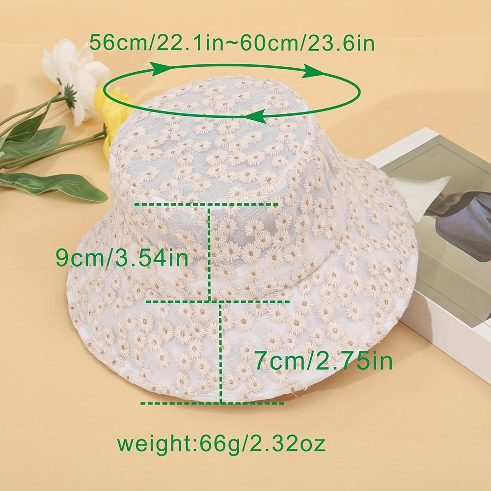 Flower Embroidery Bucket Hat Mesh Breathable Lightweight Sun Hats