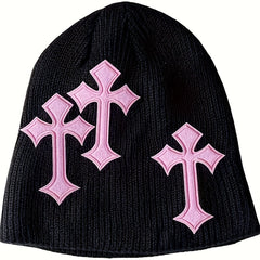 Gothic Cross Patch Knitted Beanie Solid Skull Hat Hip Hop Warm Knit Hat