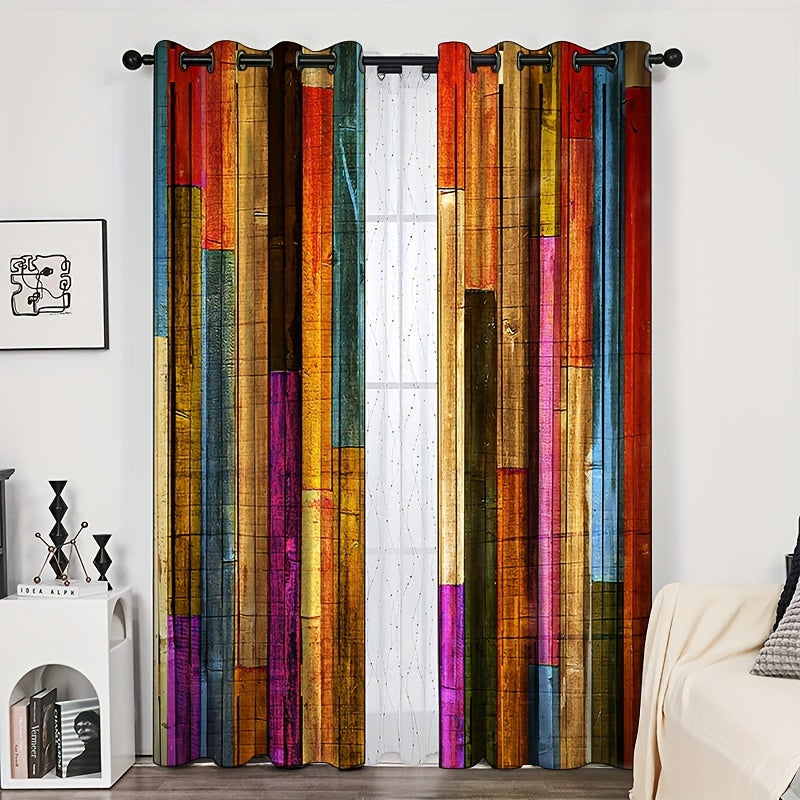 2pcs Wood Stripe Pattern Semi Blackout Curtains
