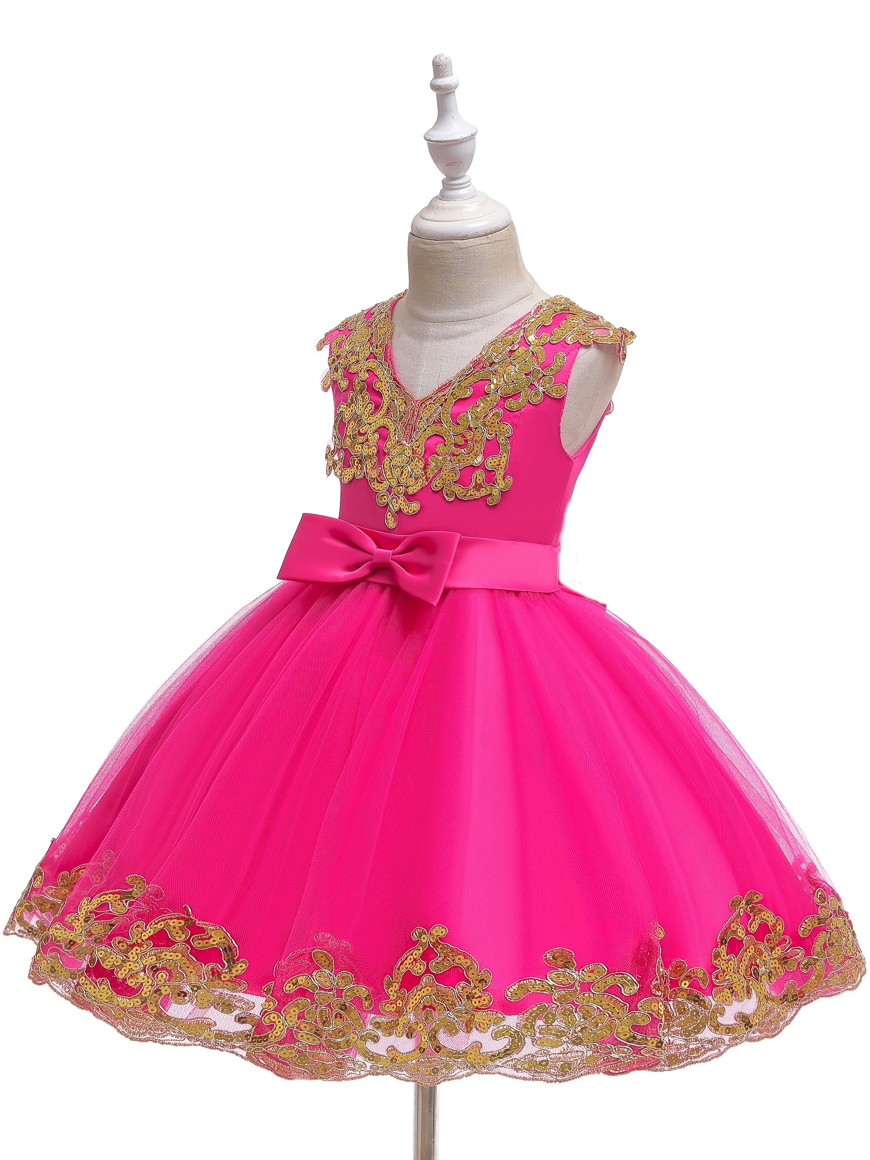 Girls Sequin Embroidery Mesh Princess Dress for Piano Performance Wedding