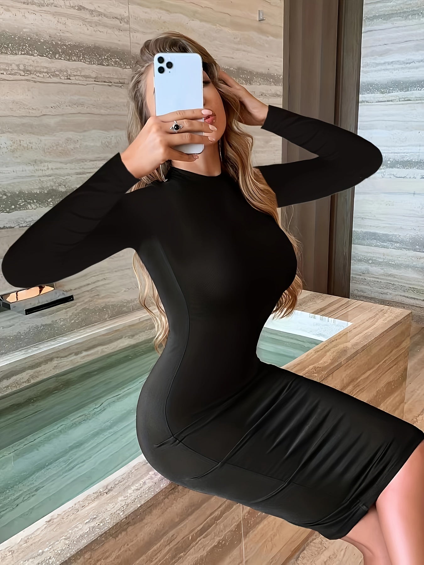  Sexy Bodycon Dress Long Sleeve Round Neck Slim Fit