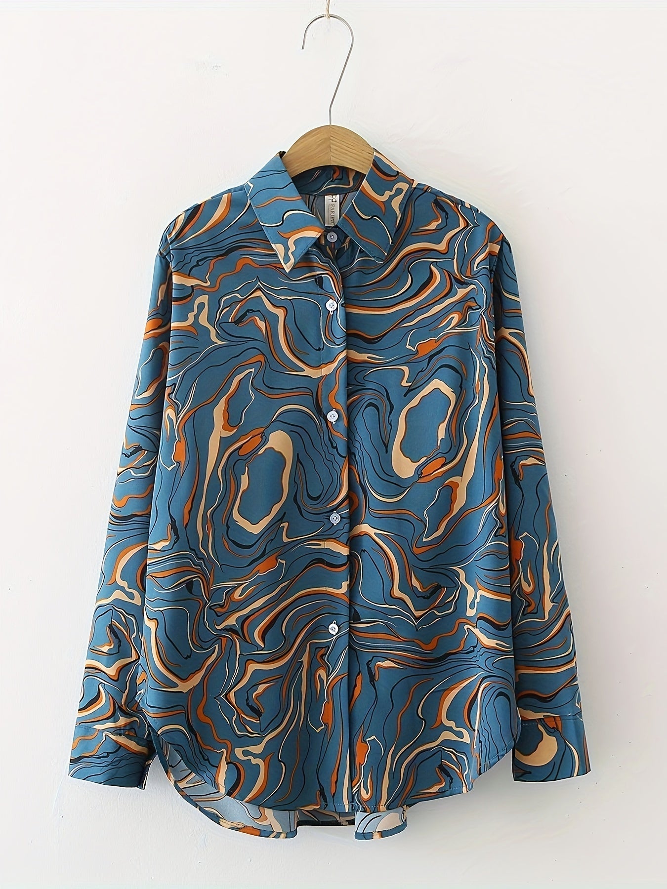  Marble Print Long Sleeve Button Up Collar Shirt