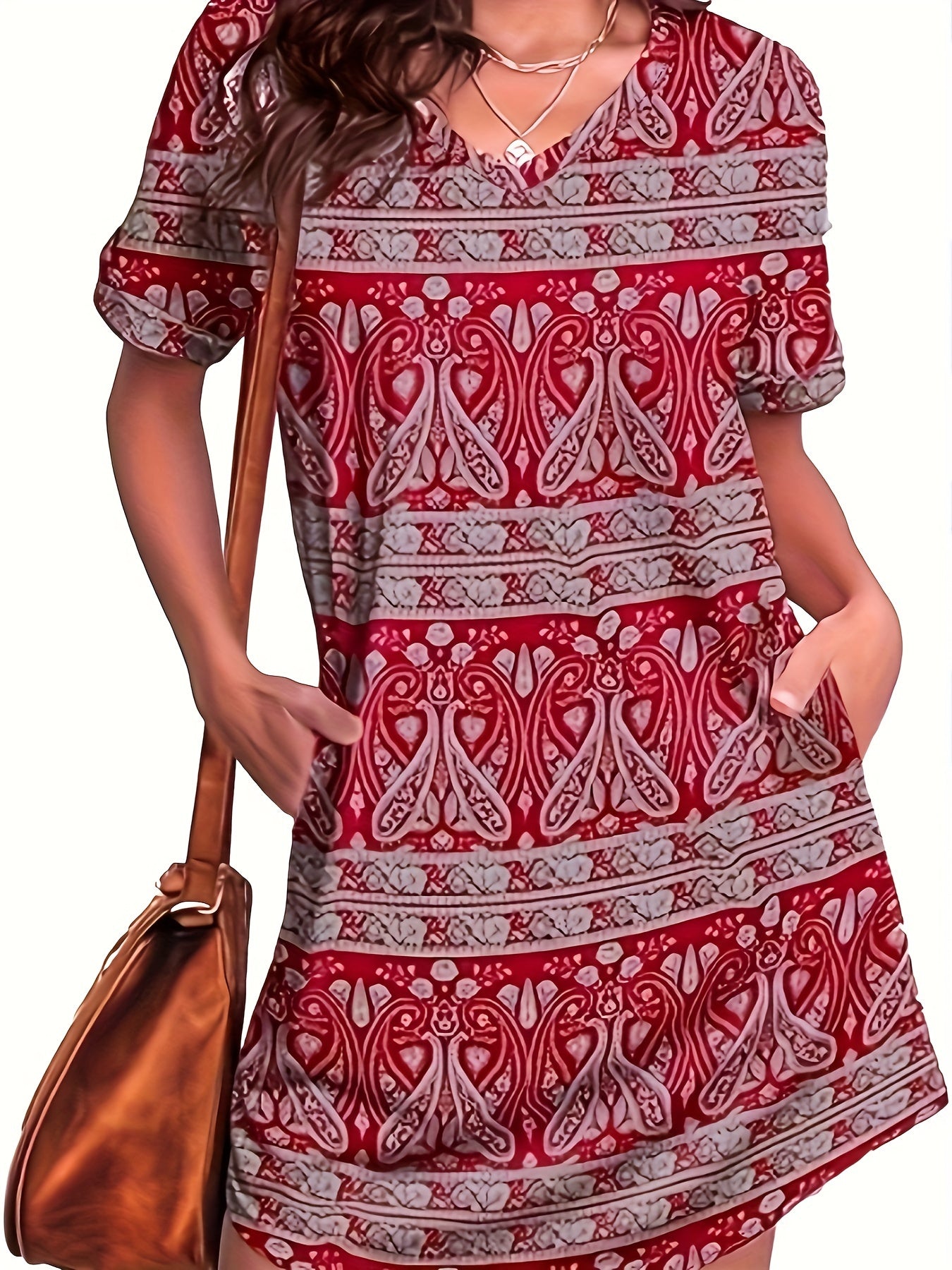  Paisley Print V Neck Tee Dress With Pockets