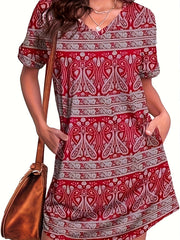  Paisley Print V Neck Tee Dress With Pockets