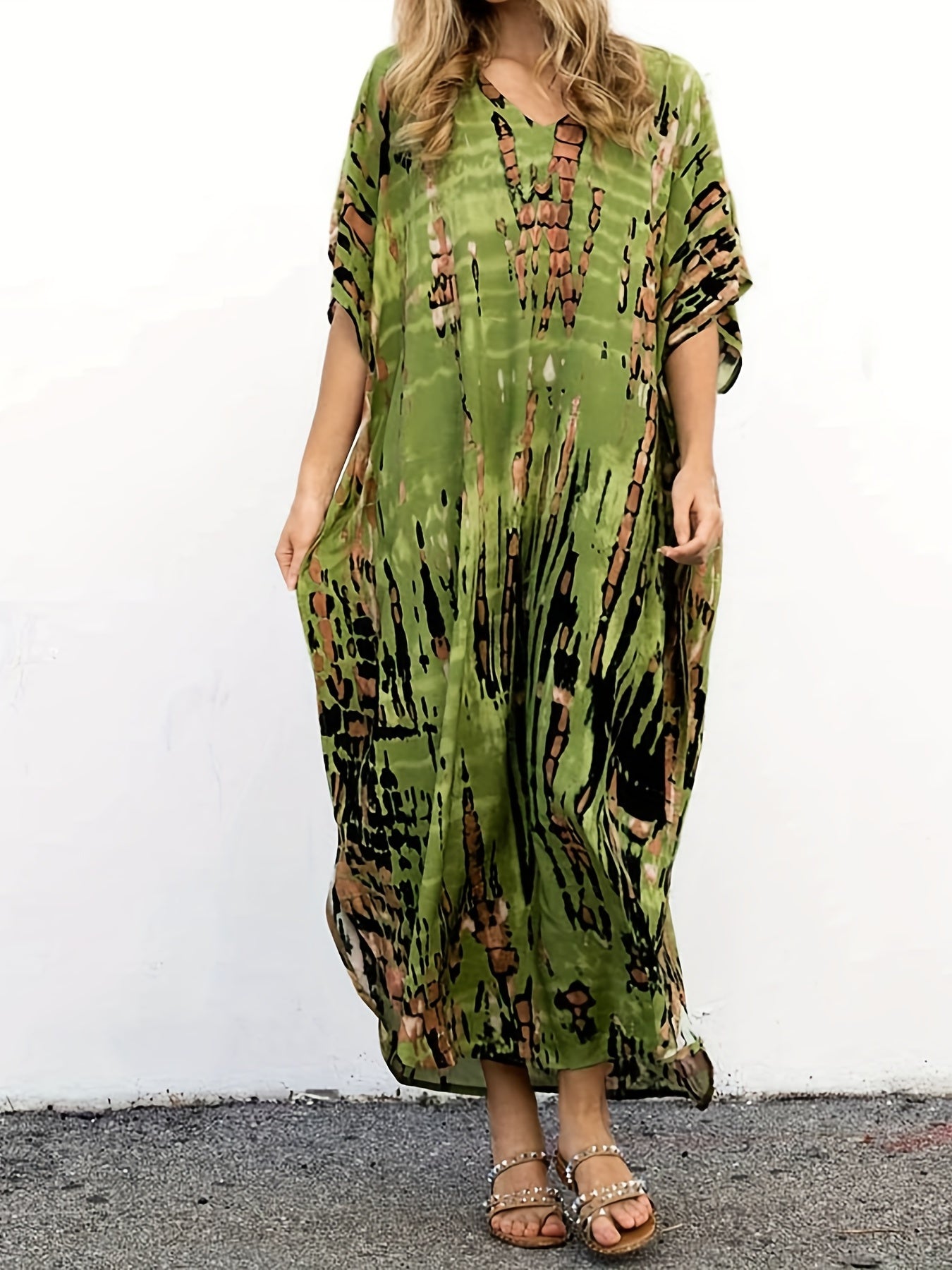  Boho Cover Up Tie Dye Striped Bat Sleeve V Neck Split Max
