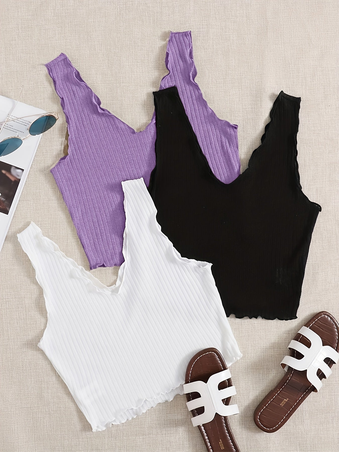Ruffle Trim Tank Top Set Casual Summer Sleeveless Women's Clothing