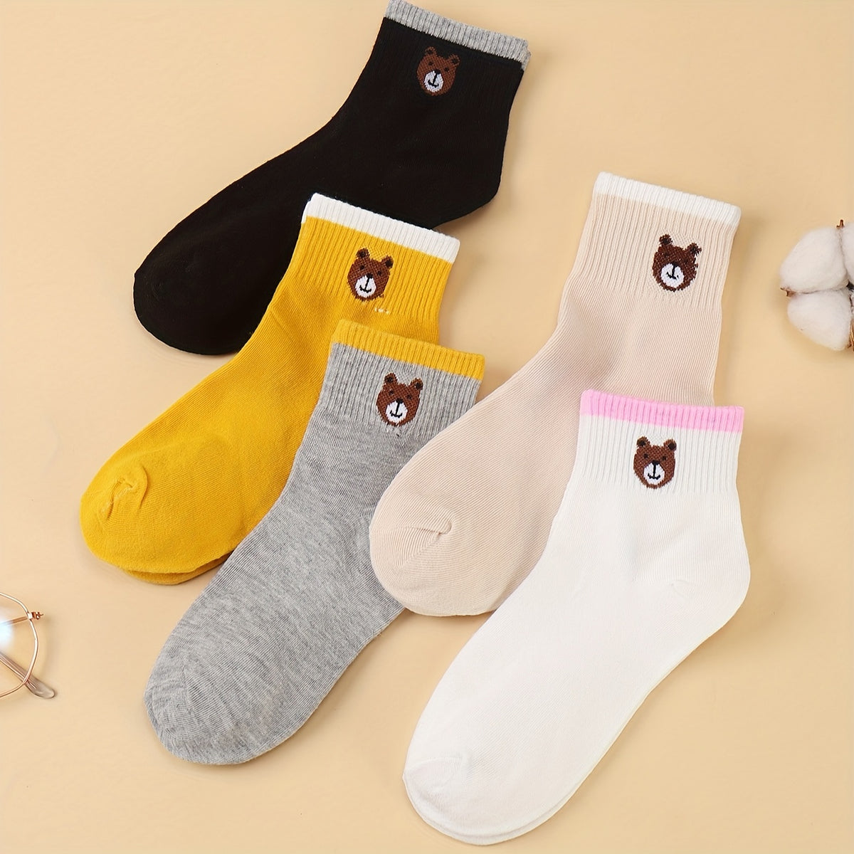 5 Pairs Bear Print Socks Breathable Short Women's Stockings