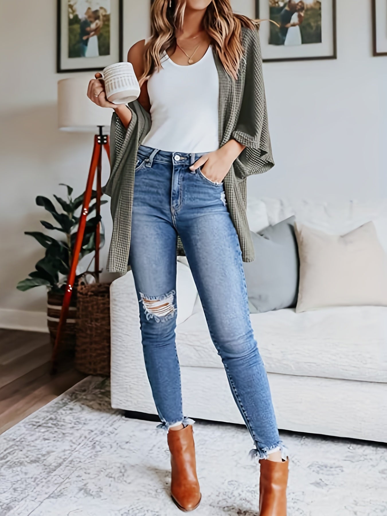  Casual Cardigan Women's Plus Waffle Pattern Bat Sleeve Open Front