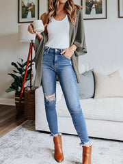  Casual Cardigan Women's Plus Waffle Pattern Bat Sleeve Open Front