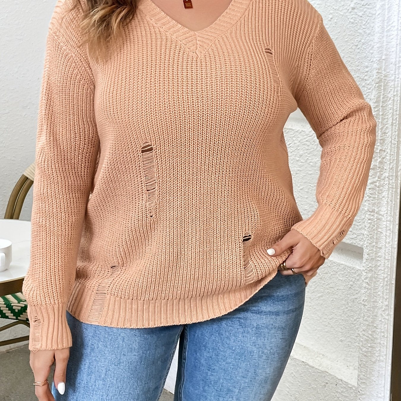  Solid Ripped Long Sleeve V Neck Sweater