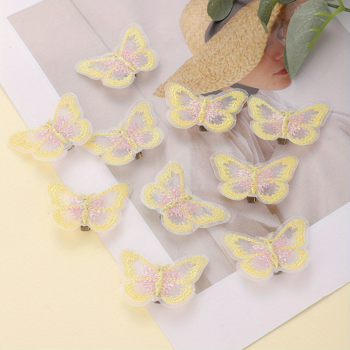 10pcs Yellow Butterfly Hair Clip Embroidered Duck Billed Clip for Women Girls