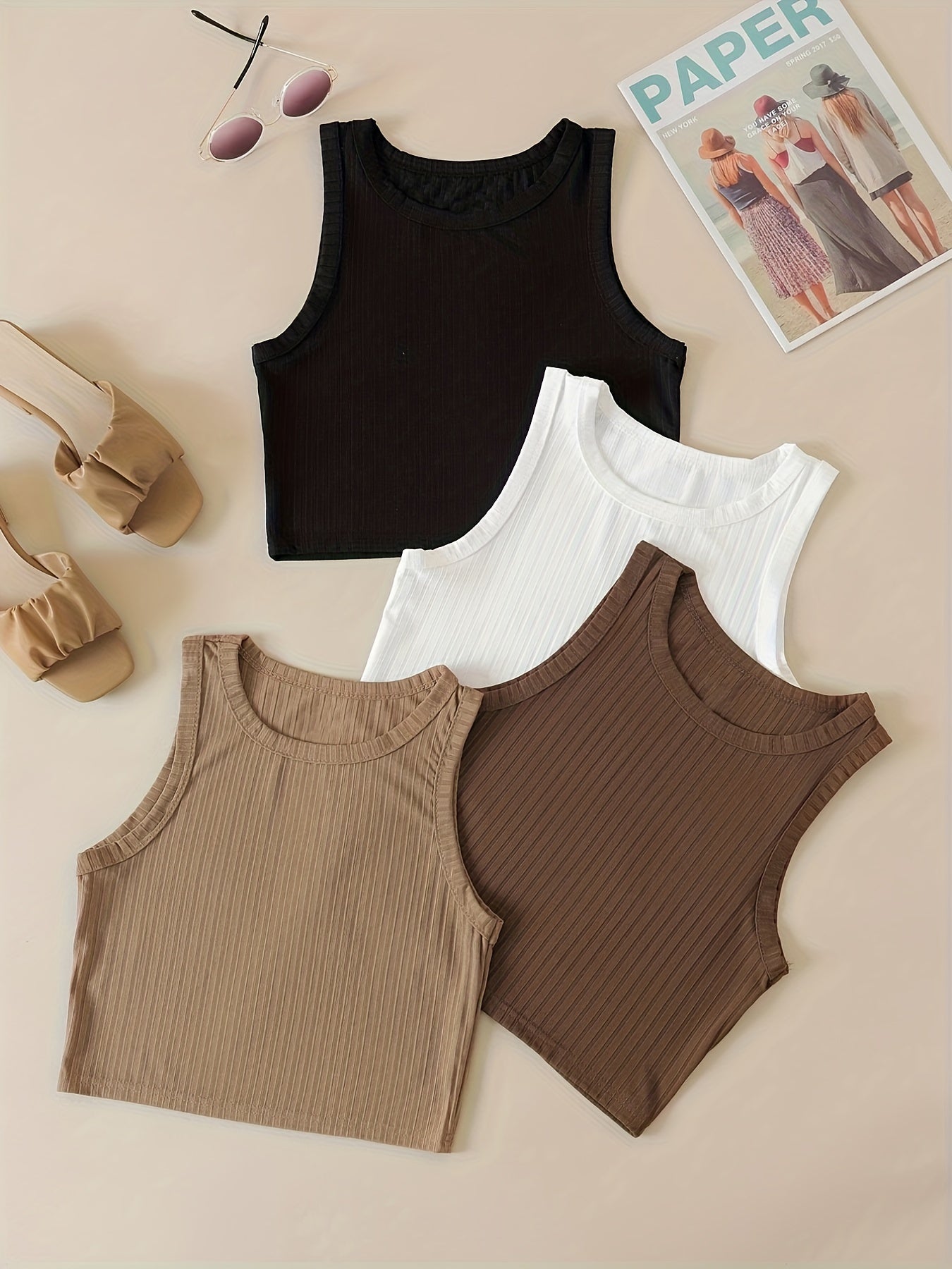 Ribbed Tank Top 4-Pack Crew Neck Sleeveless Casual Women's Clothing