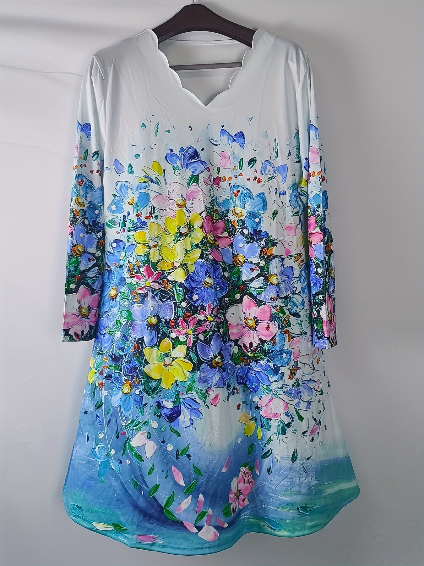  Floral Print V Neck Trim Dress