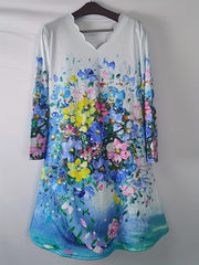  Floral Print V Neck Trim Dress