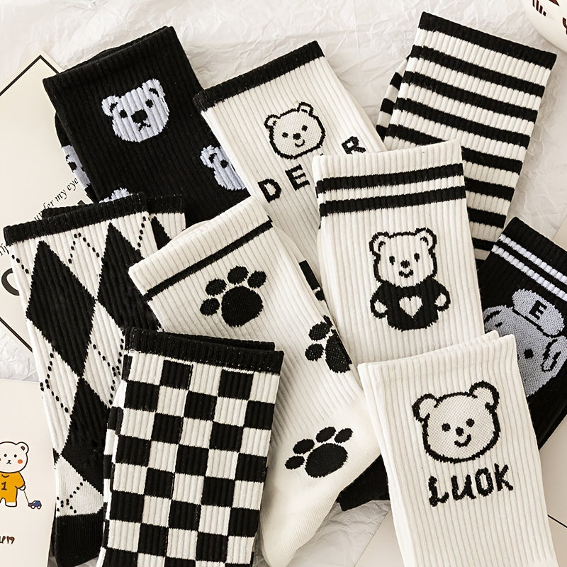 5 Pairs Bear & Paw Print Mid Tube Socks Women's Stockings