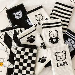 5 Pairs Bear & Paw Print Mid Tube Socks Women's Stockings