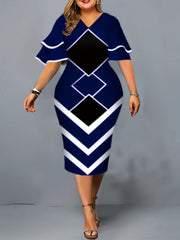  Colorblock Geometric Midi Dress V Neck Slim Fit