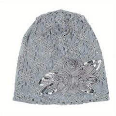 Flower Decor Lace Beanie Solid Turban Hat Lightweight Chemo Cap