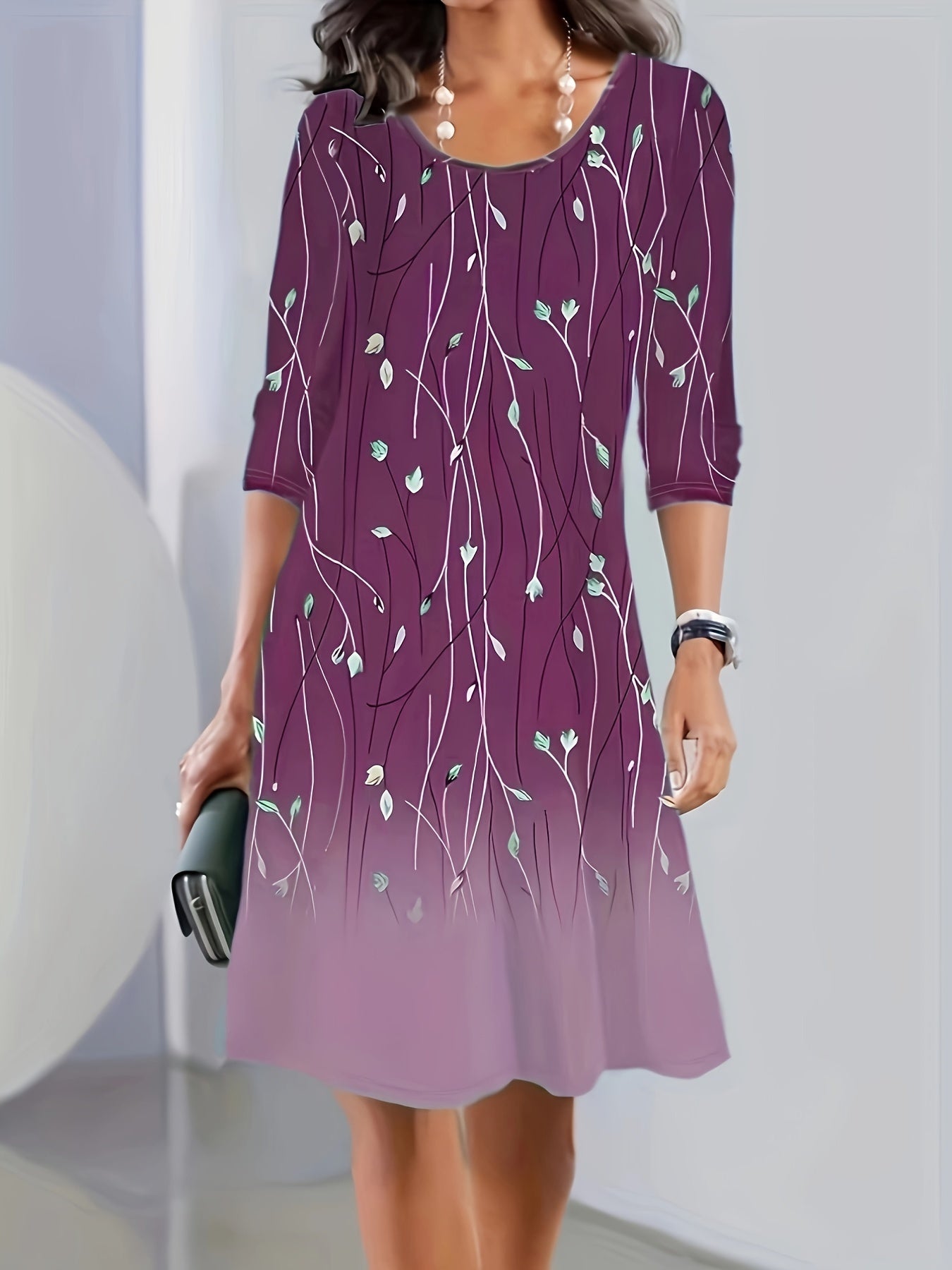  Ombre Long Sleeve Round Neck Midi Dress