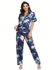 Floral Print Lounge Set Short Sleeve Top & Pants Women's Loungewear