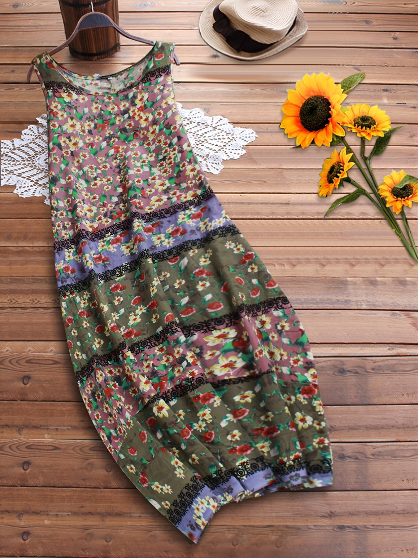  Colorblock Floral Print Tank Dress