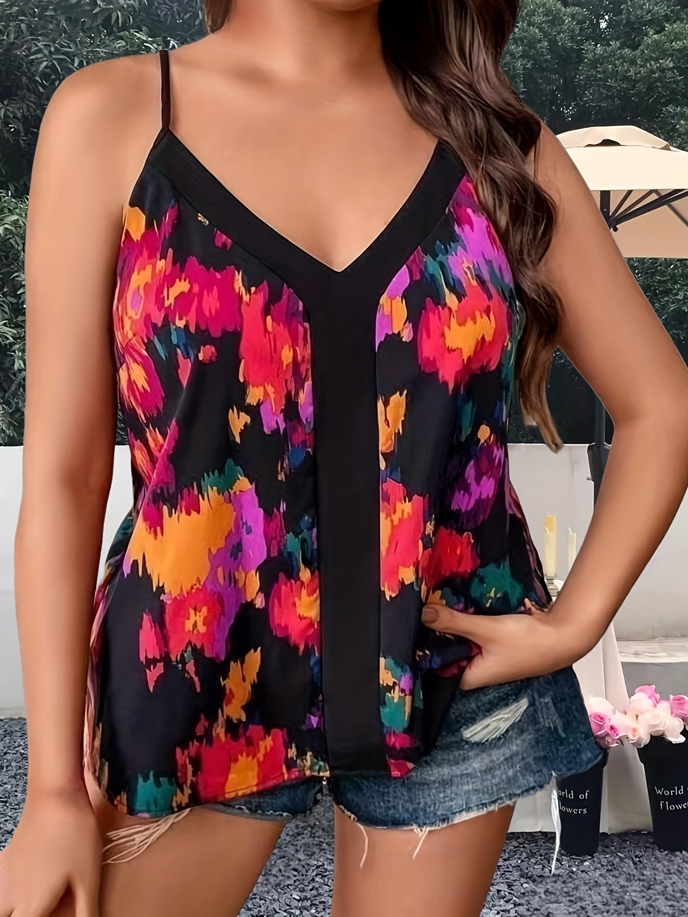  Colorblock Print V Neck Cami Top