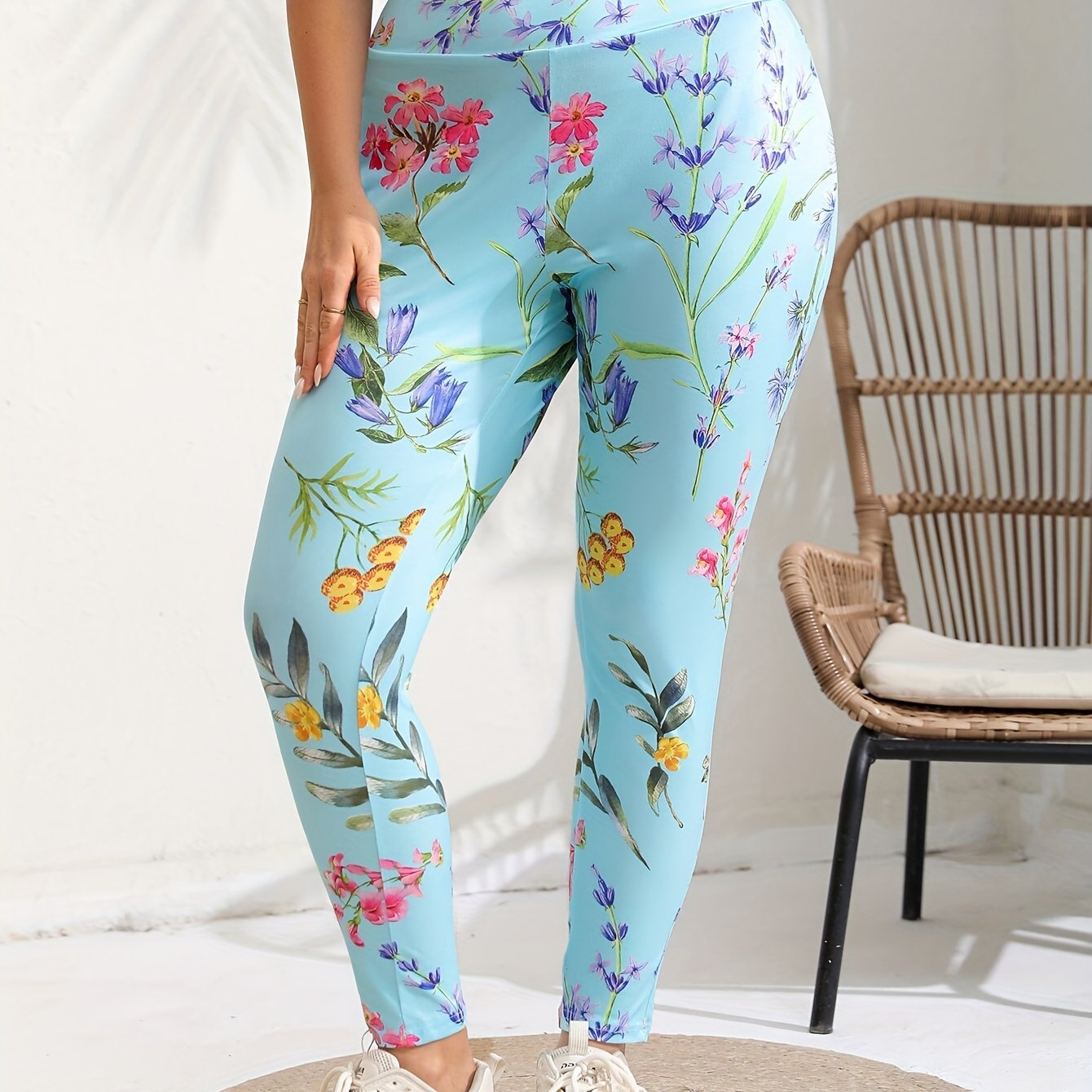  Casual Leggings Women's Plus Floral Print High Rise Leggings