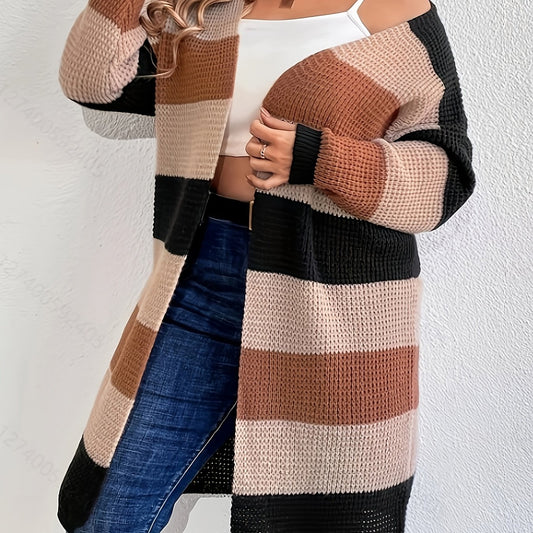  Colorblock Long Sleeve Open Front Cardigan