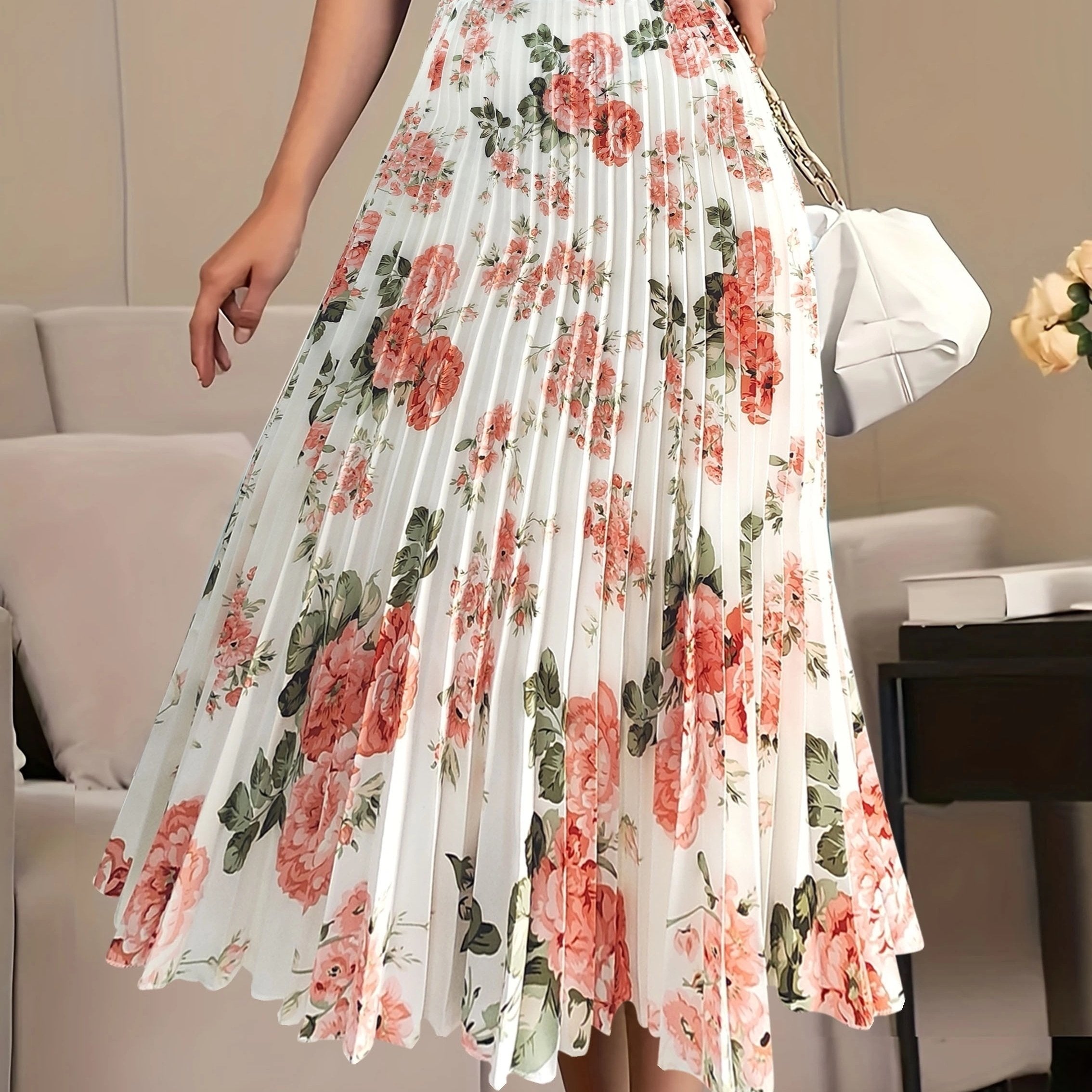  Floral Print Elastic High Rise Pleated Maxi Skirt