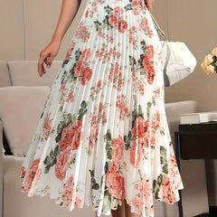  Floral Print Elastic High Rise Pleated Maxi Skirt