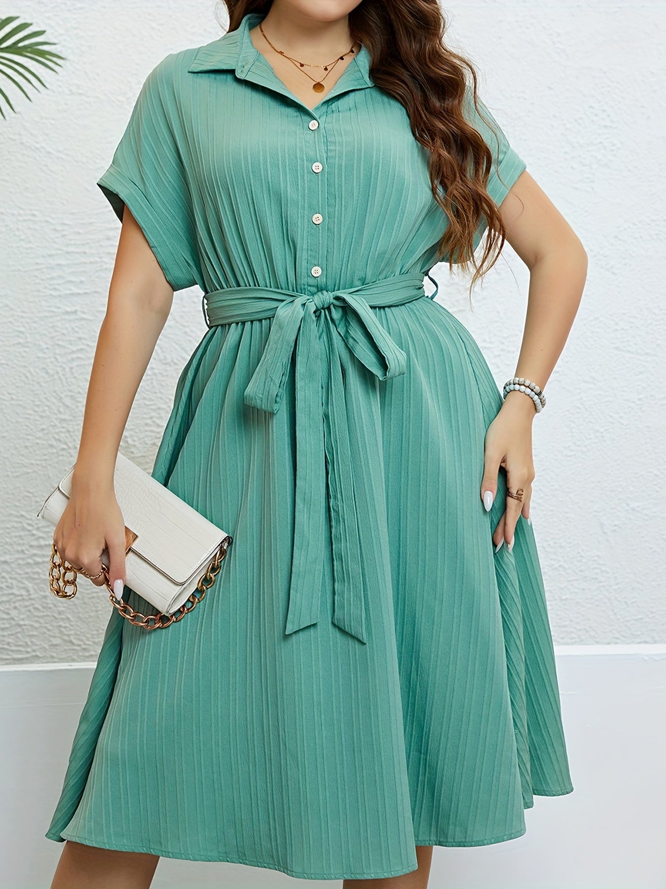  Ribbed Button Up Bat Sleeve Shirt Dress