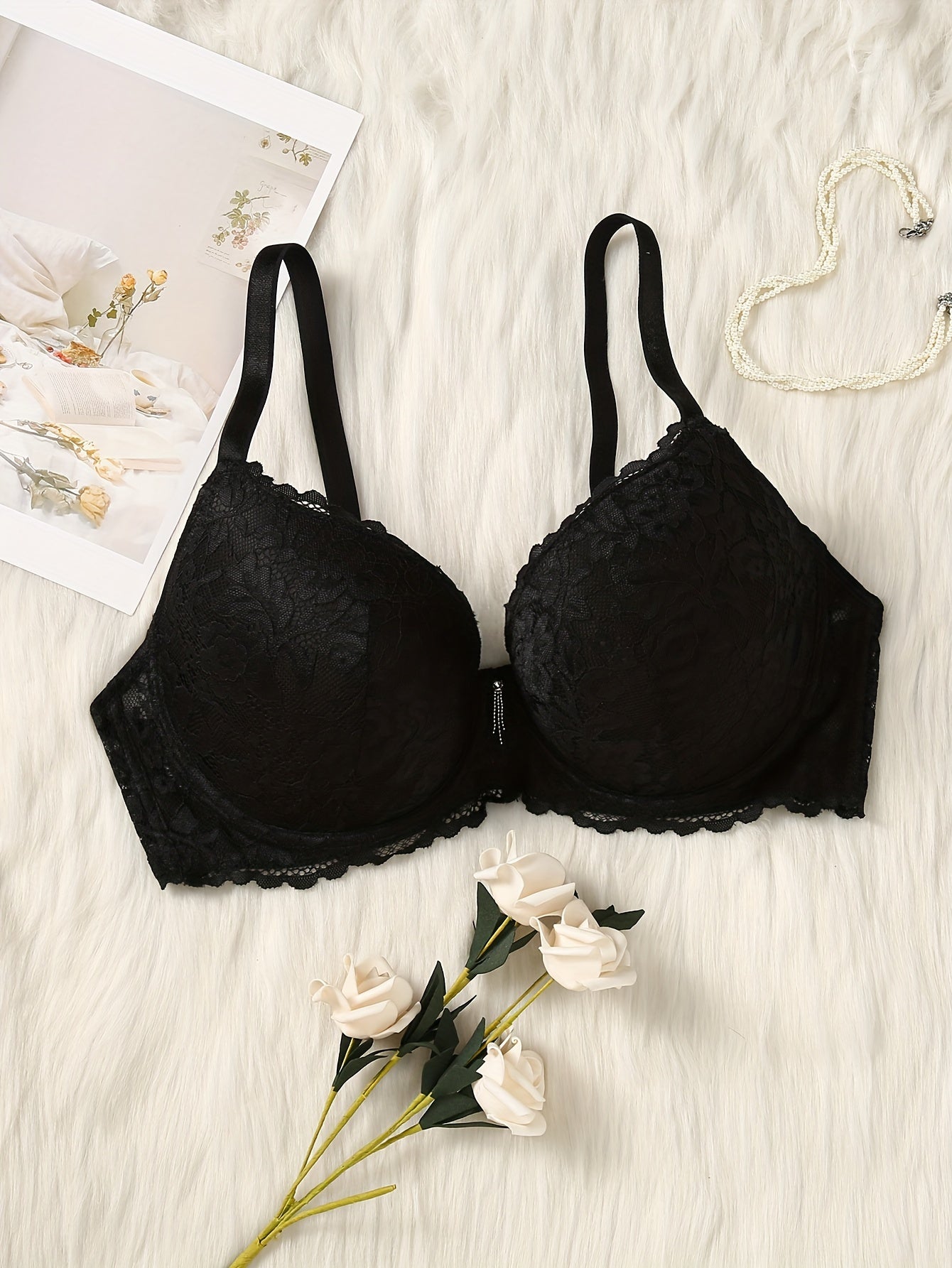  Bra Women's Plus Floral Lace Tassel Molded Cup Full Cover Comfort Bra