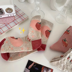 5 Pairs Strawberry Print Socks Sweet & Mid Tube Socks Women's Stockings