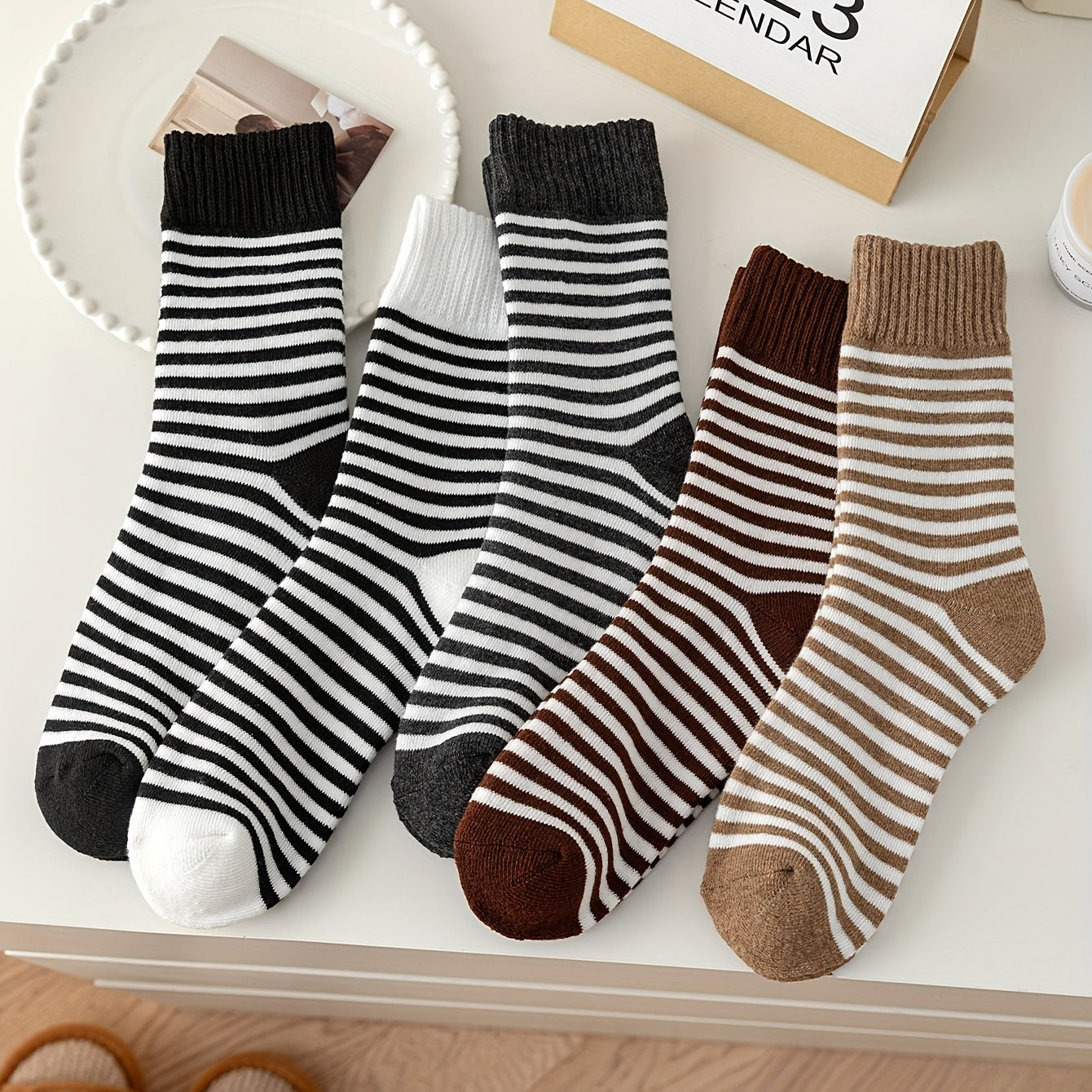 5 Pairs Stripe Print Thickened Socks Comfy Warm Mid Tube Stockings