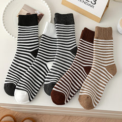 5 Pairs Stripe Print Thickened Socks Comfy Warm Mid Tube Stockings