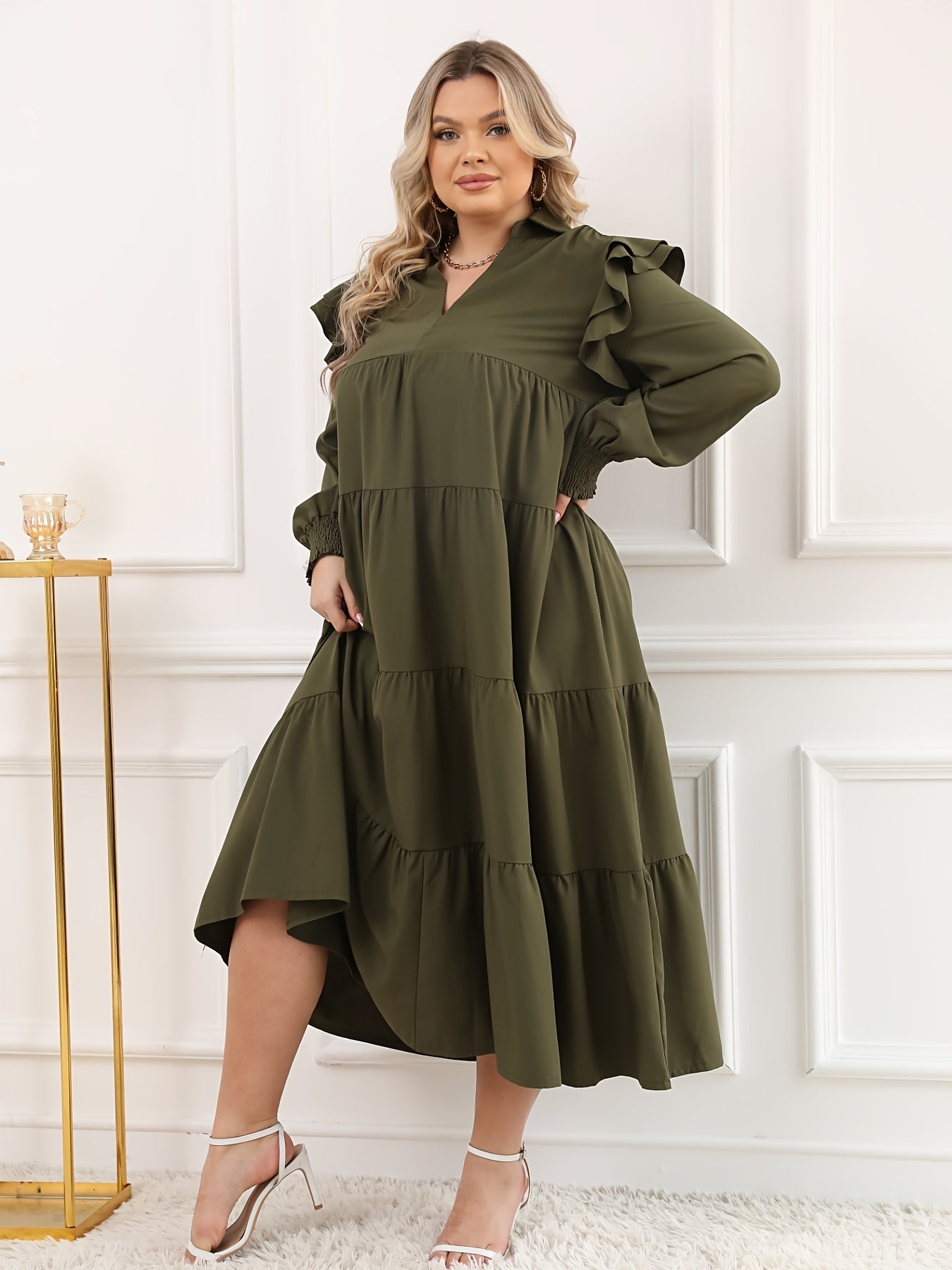  Retro Dress Long Sleeve Ruffle Trim V Neck Maxi Dress