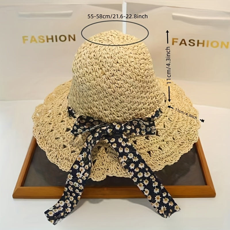Boho Hollow Out Crochet Straw Sun Hat with Bowknot