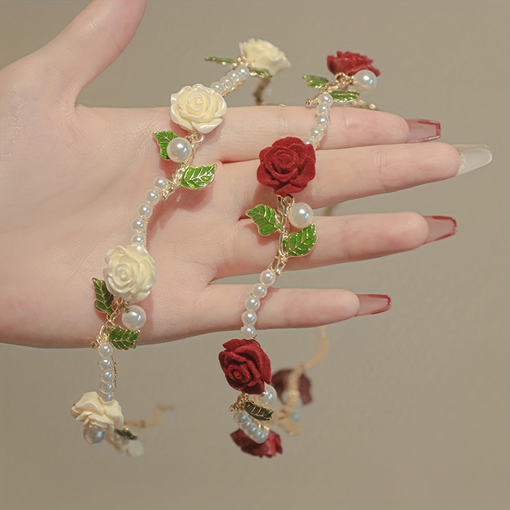 Retro Flower Faux Pearl Headband Metal Headdress Skinny Head Hoop
