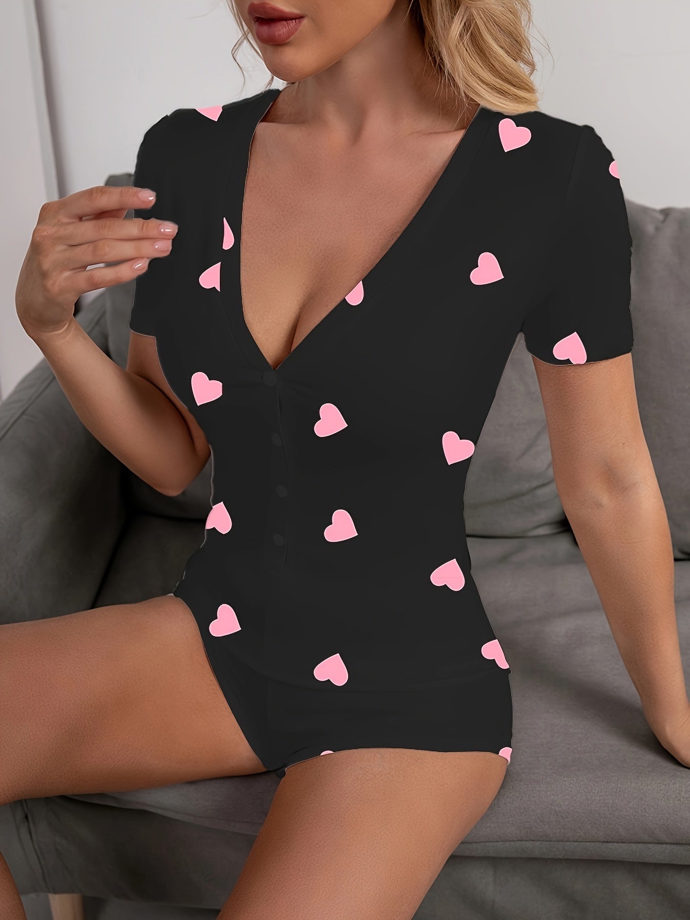 Heart Print Pajama Romper Short Sleeve V Neck Pajamas Women's Lingerie