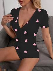 Heart Print Pajama Romper Short Sleeve V Neck Pajamas Women's Lingerie