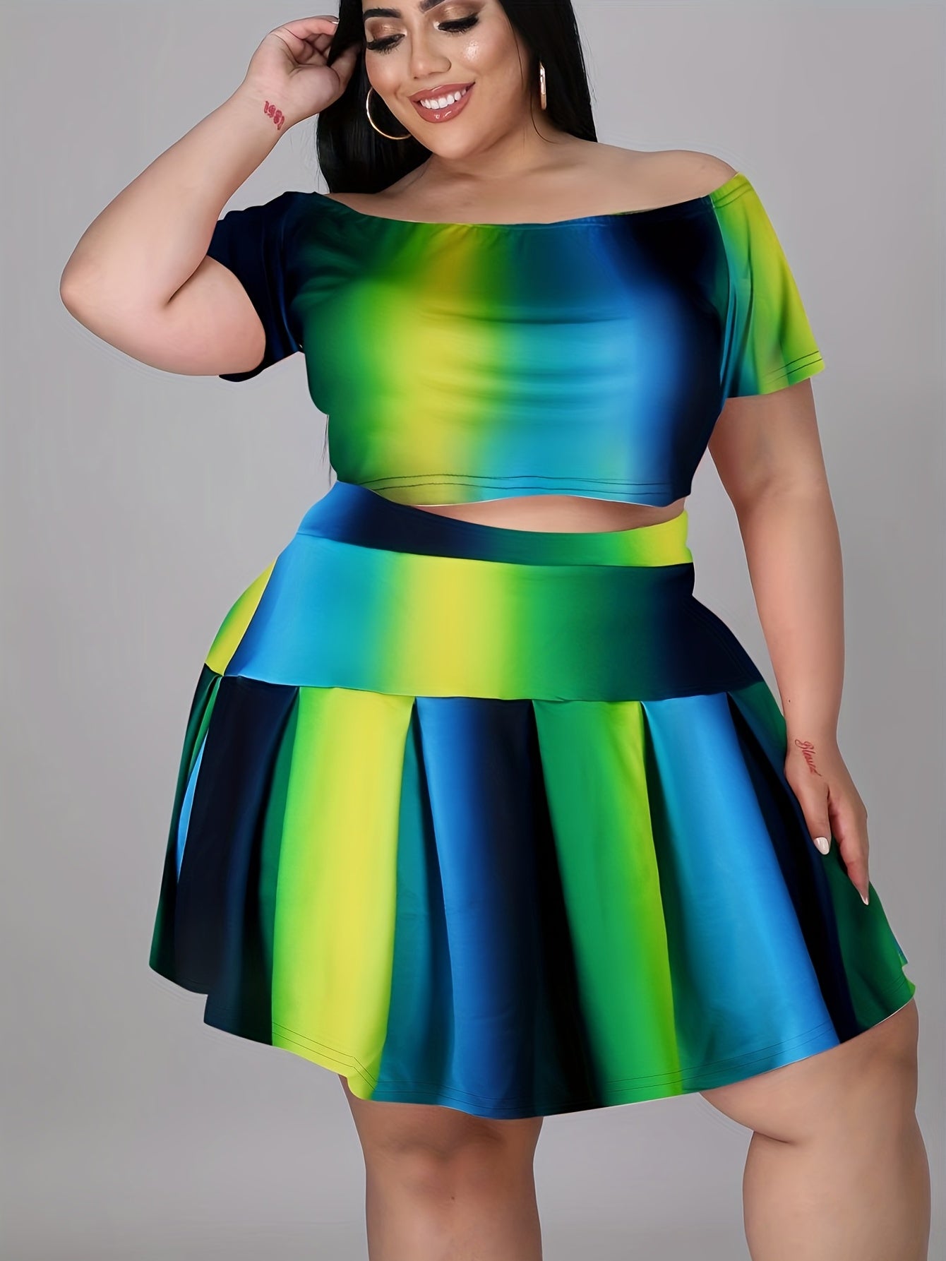  Ombre Off Shoulder Crop Top & Skirt Set