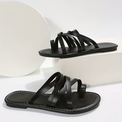 Women's Flat Slides Cross Strap Faux Leather Sandals