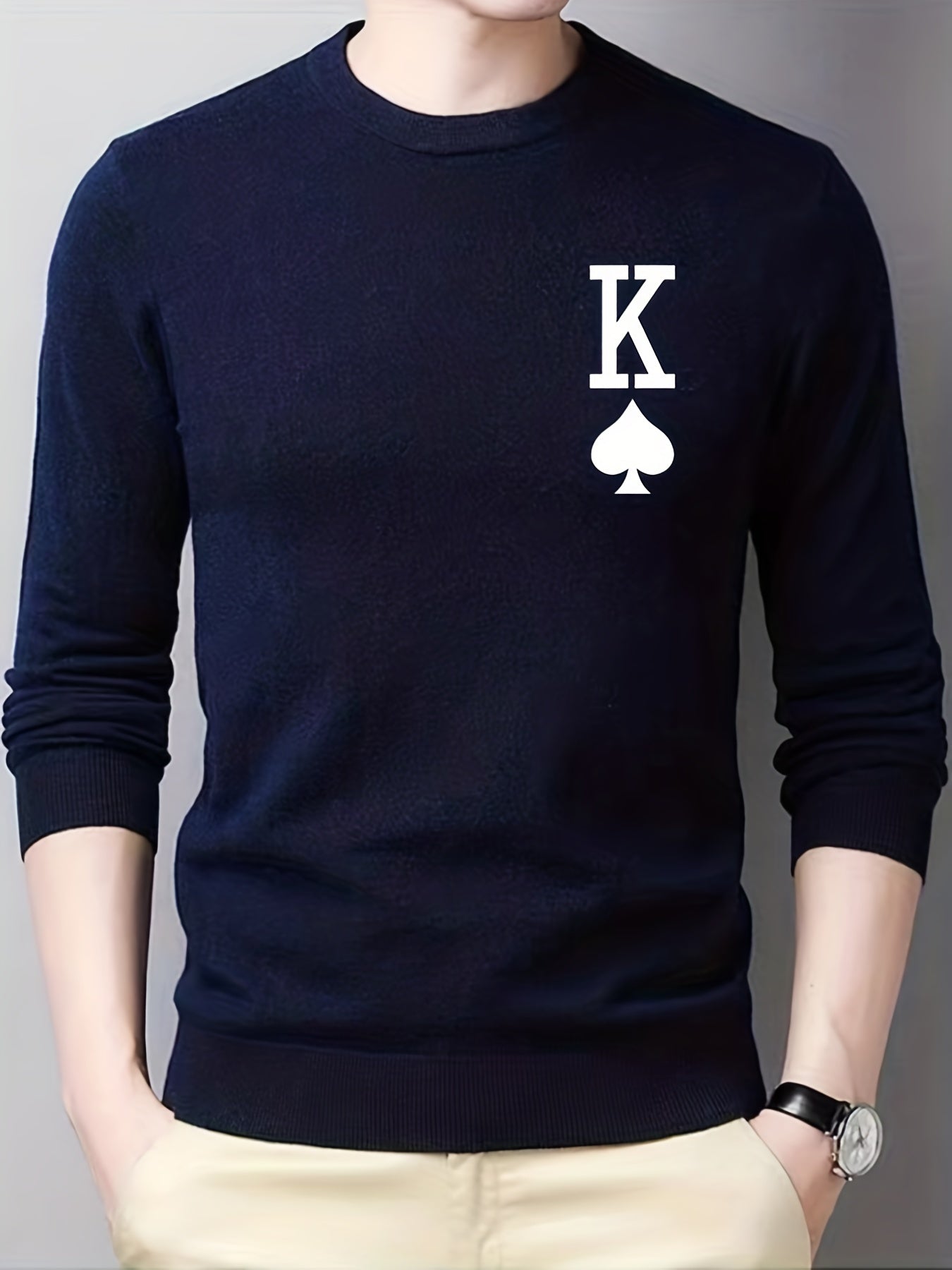 Spades Print Knitted Sweater Men's Warm Crew Neck Pullover