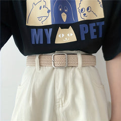 Elastic Woven Canvas Belt Men Women Casual Square Buckle