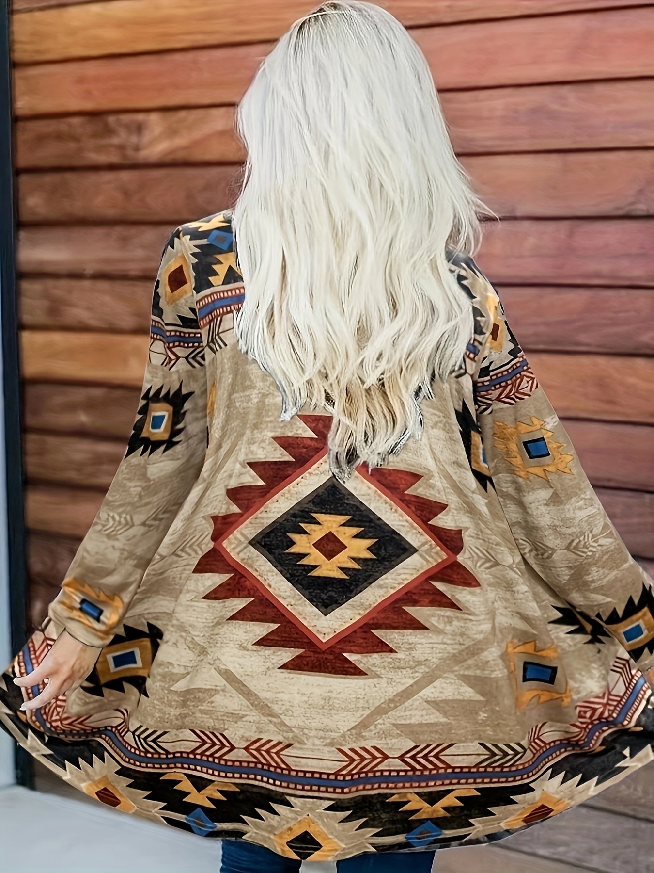  Geometric Print Long Sleeve Open Front Cardigan