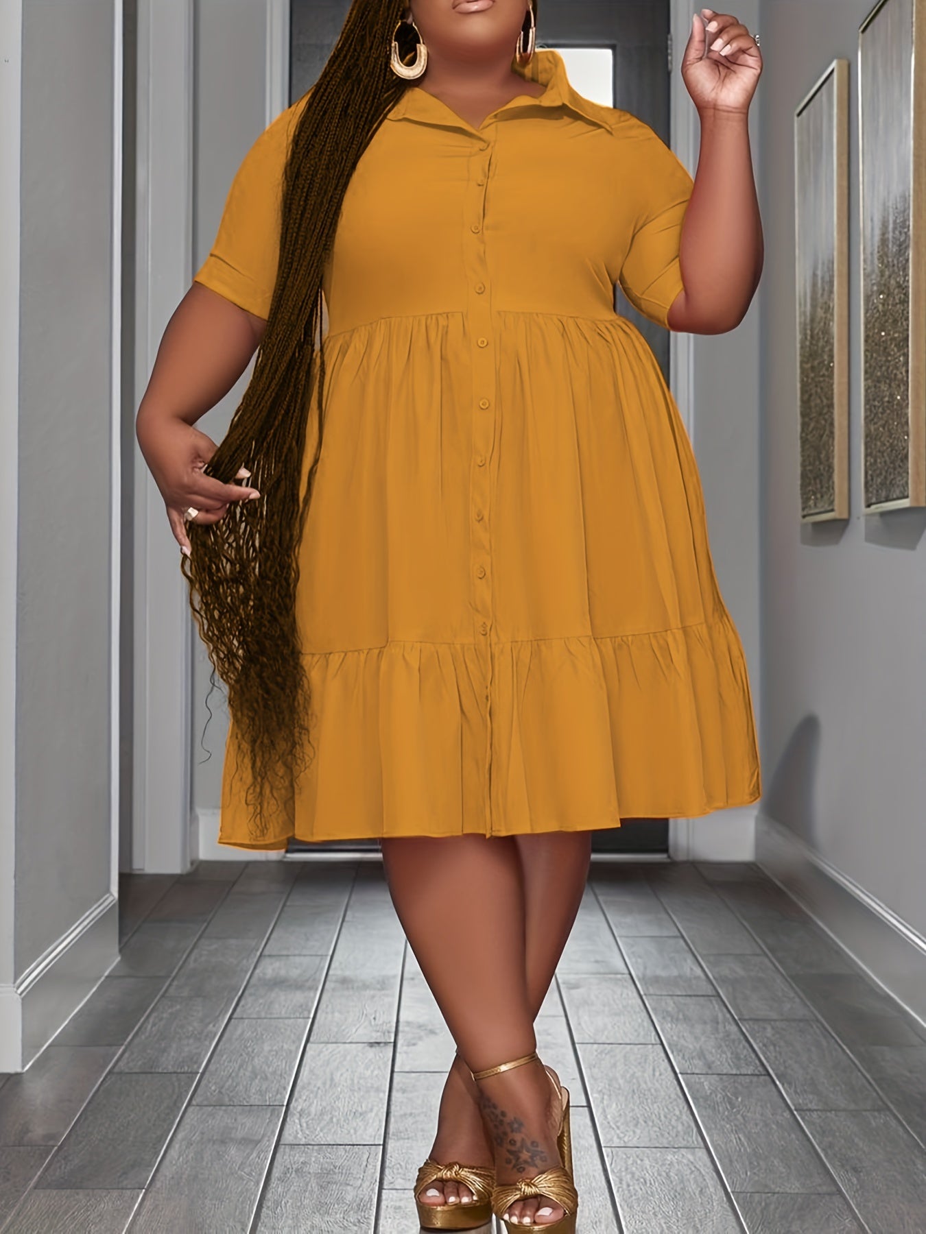 Plus Size Solid Short Sleeve Button Up Shirt Dress